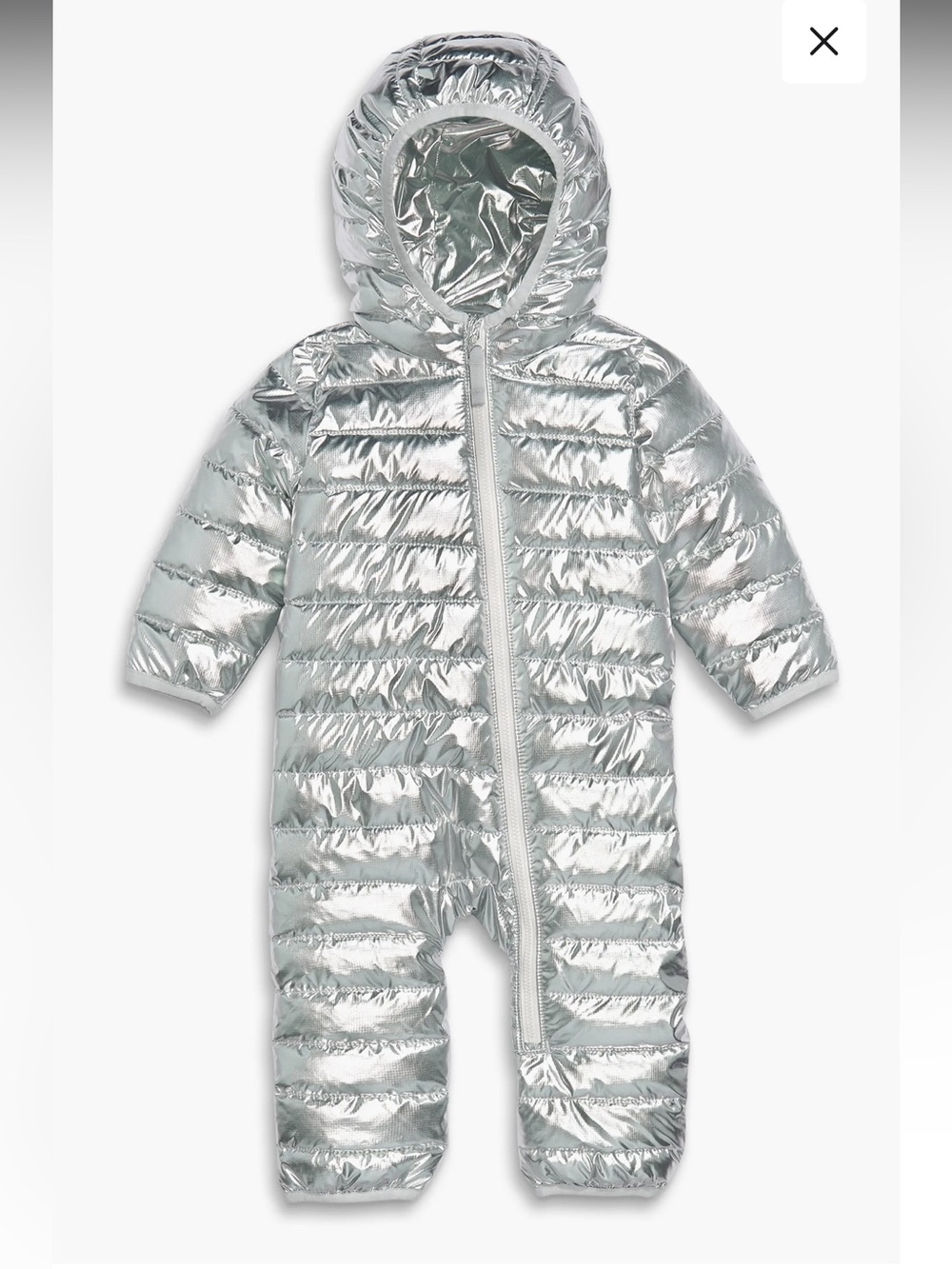EUC Primary Metallic Silver Puffer Hooded One-Piece Snowsuit